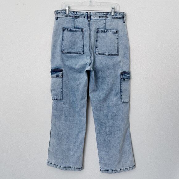 [Sanctuay] Light Wash Acid Denim High Rise Wide Leg Cargo Jeans Stretch Size 32 - Picture 2 of 11